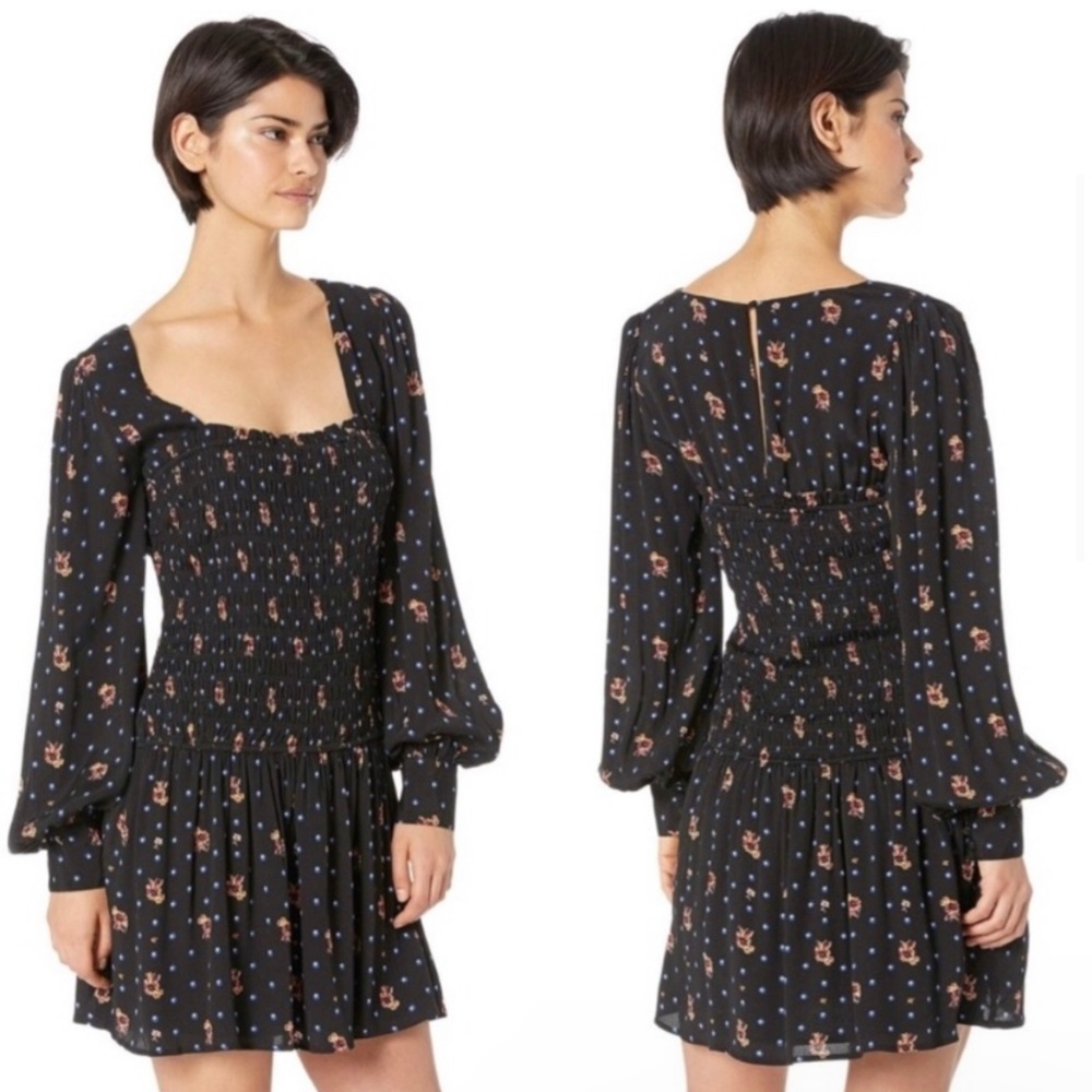 NWT Free People Two Faces Smocked Mini Dress in Black Size XS